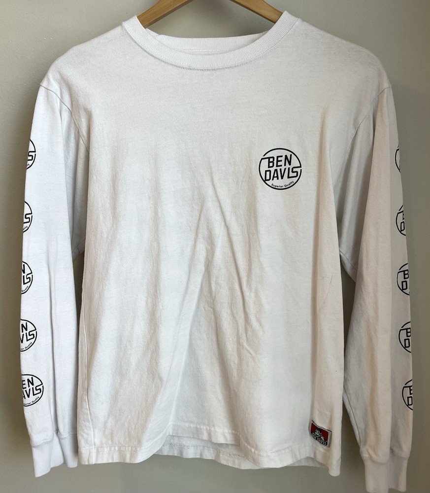 Men's Ben Davis Side Tape Big Logo Cotton Long Sleeve T-shirt White Size Sm