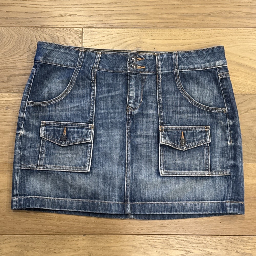 Old Navy Y2K Denim Mini Skirt Cargo Patch Pocket Flap Sz 12 100% Cotton