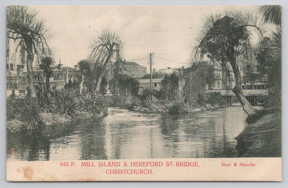 Mill Island & Hereford St Bridge Christchurch NZ Postcard Muir & Moodie c.1910s