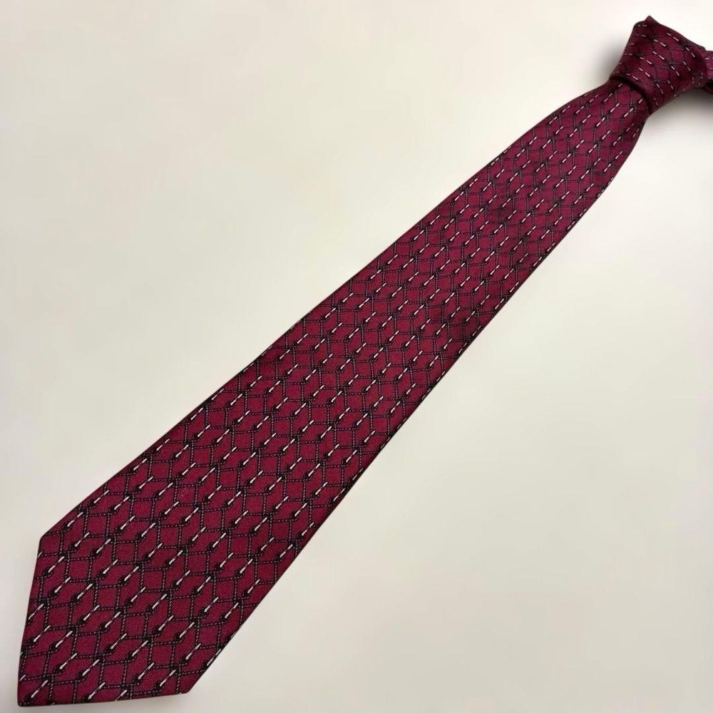 HERMES Necktie Tie Geometric 100% Silk Authentic Men's Made in France Bordeaux