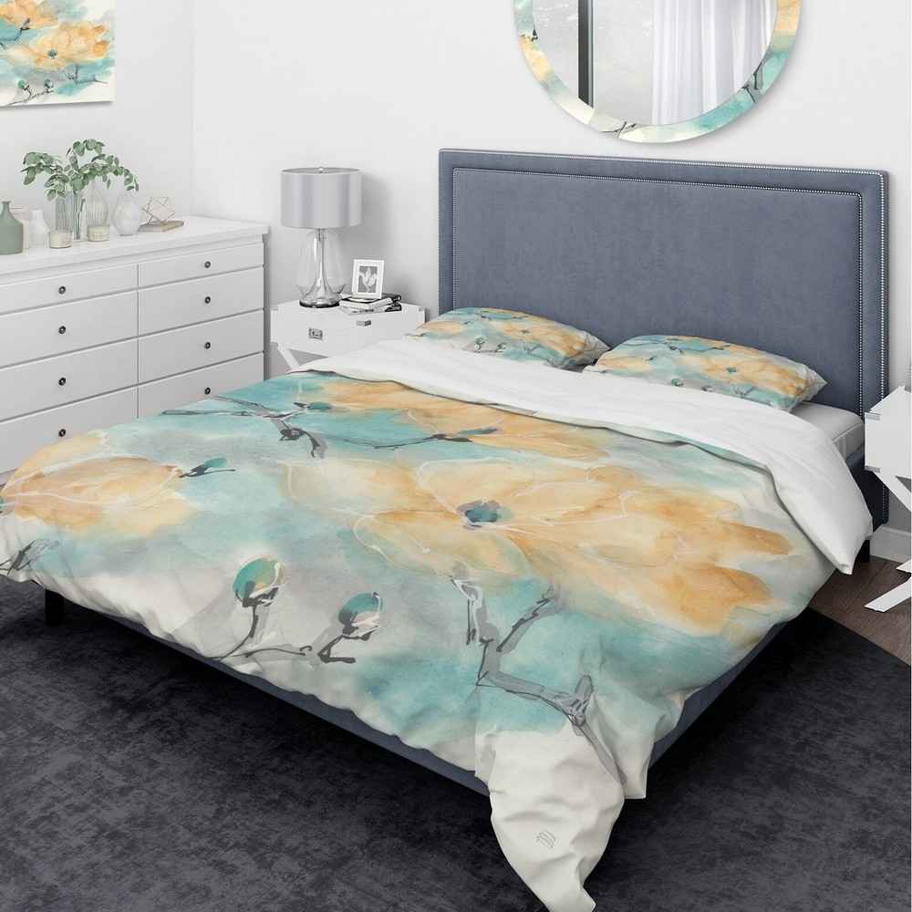 Designart 'Teal Buds I' Traditional Bedding Set - Duvet