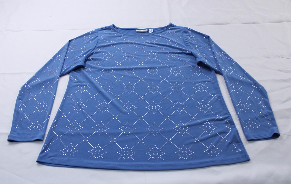 Susan Graver Women's Liquid Knit Embellished Long-Sleeve Top CN6 Blue Maze Large