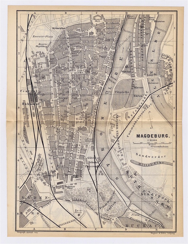 1897 Antique City Map Of Magdeburg / Brandenburg / Germany