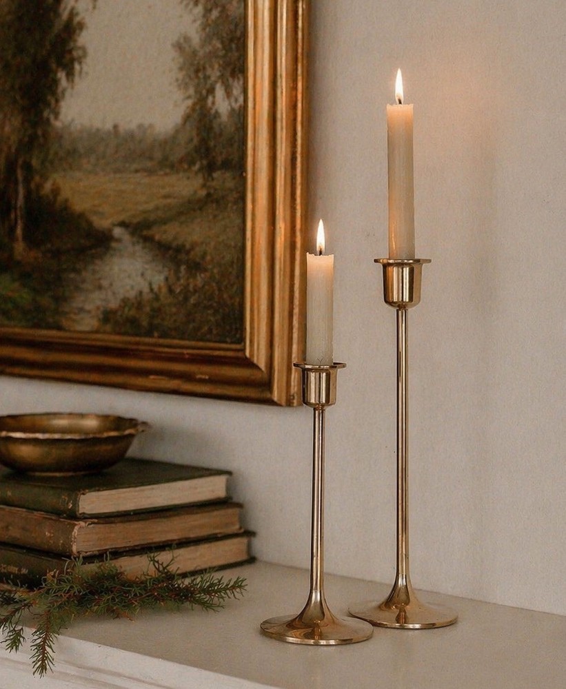 Vintage Solid Brass Candlesticks, Pair Of Two Mid Century Modern Made in Taiwan