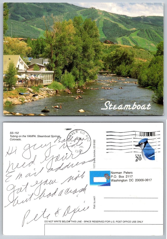 Vtg Steamboat Springs CO Postcard Tubing Yampa River 1991 Colorado Mountains