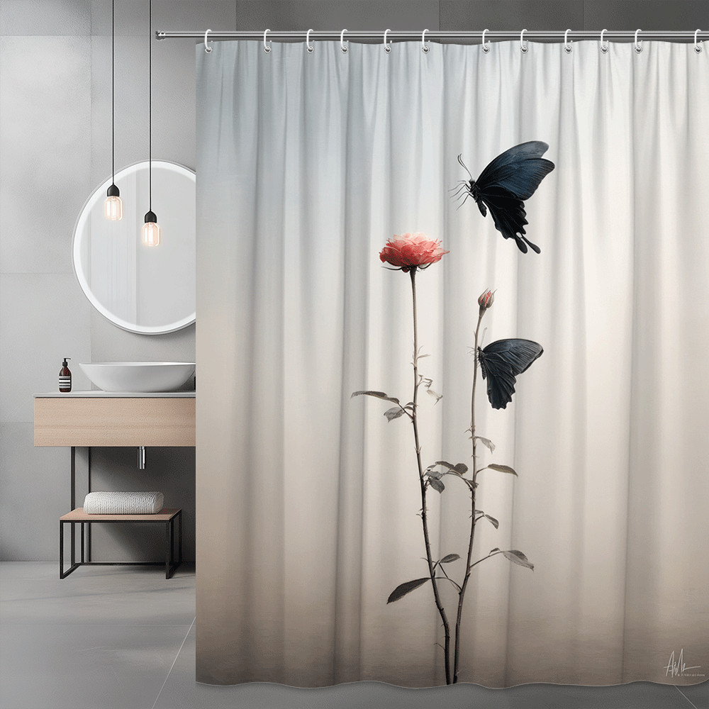 Butterfly and Pink Rose Shower Curtain Graphic Print