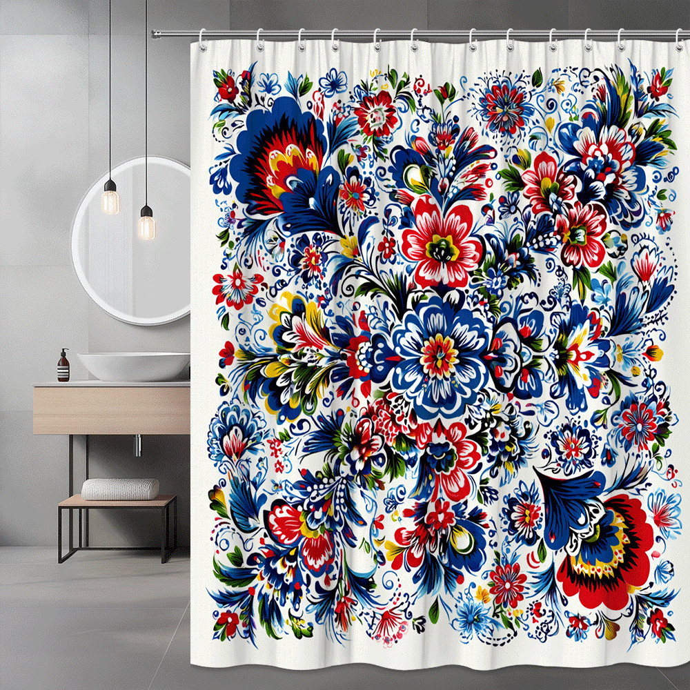Floral Shower Curtain Blue Red White Folk Art Print