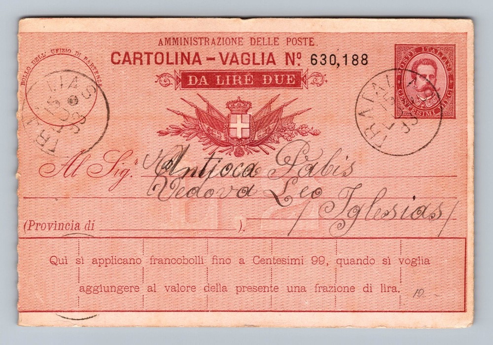 Italy- Sardinia Postal Money Order Standard Old Card PC Vintage c1893 Postcard