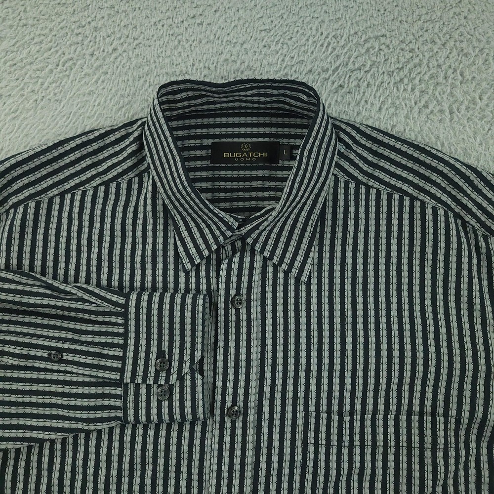 Bugatchi Uomo Shirt Mens Large Gray Black Striped Long Sleeve Button Front