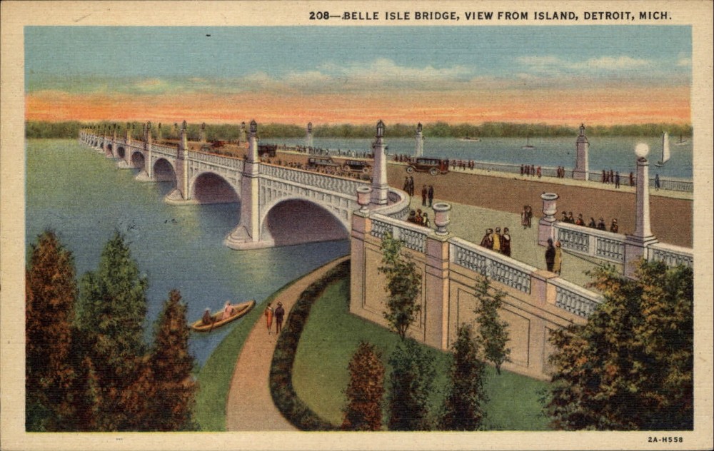 Michigan Detroit Belle Isle Bridge from Island canoe aerial view ~ 1930s linen