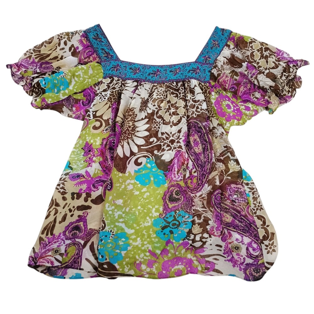 Ice Top Women's Medium Colorful Paisley Floral Print Short Sleeve Blouse Tunic