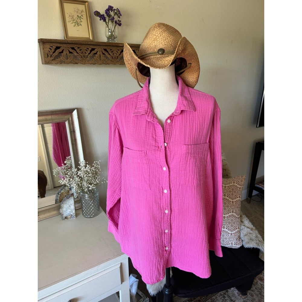 Gap pink gauze cotton button down oversized shirt large boho summer relaxed