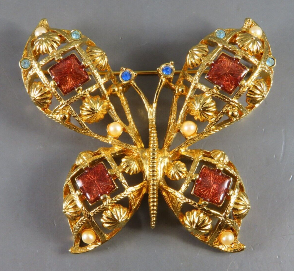 Vintage AVON BUTTERFLY BROOCH PIN Gold Tone Lattice RHINESTONES PEARLS ENAMEL