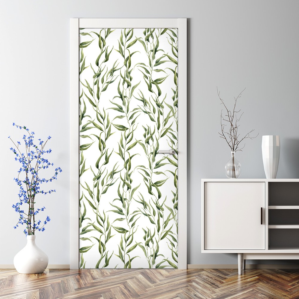 Eucalyptus leaves Bubble Free Door sticker green and white Decal self adhesive