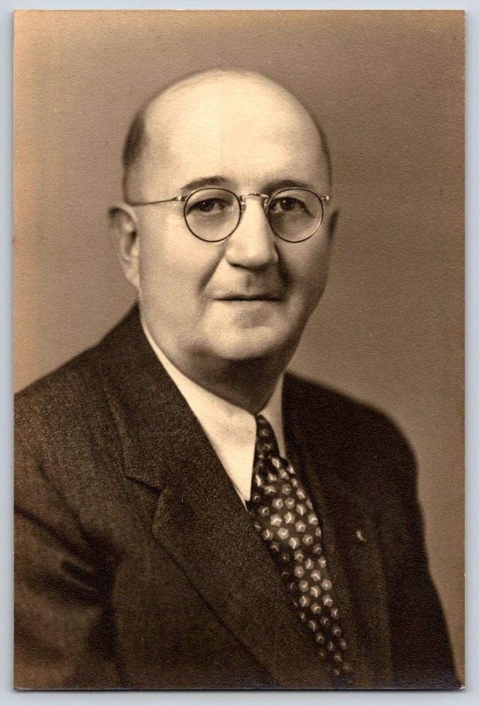 Vintage Old Antique Real Photo Picture Elderly Bald Man Suit Coat Tie Glasses