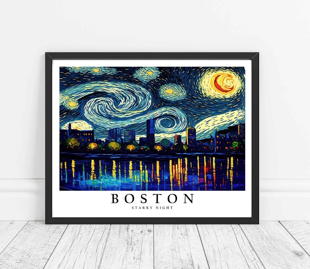 Boston City Starry Night Photo Art Print Poster Wall Art Painting