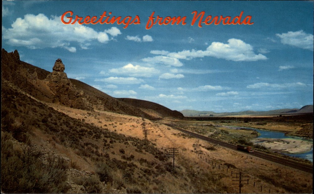 Greetings from Nevada Highway 40 aerial view ~ 1950-60s vintage postcard