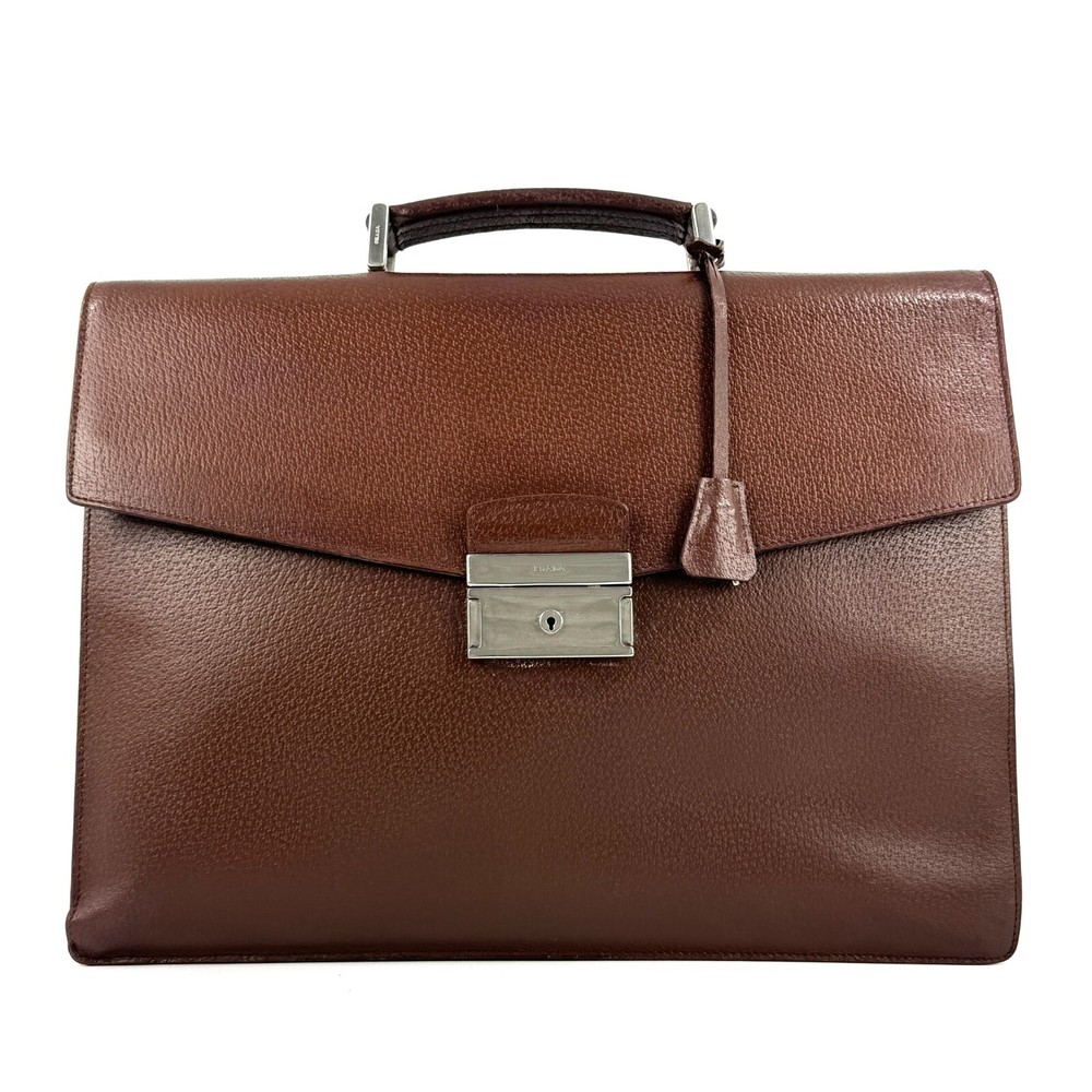 Prada Genuine Leather Business Briefcase in Brown with Silver Hardware