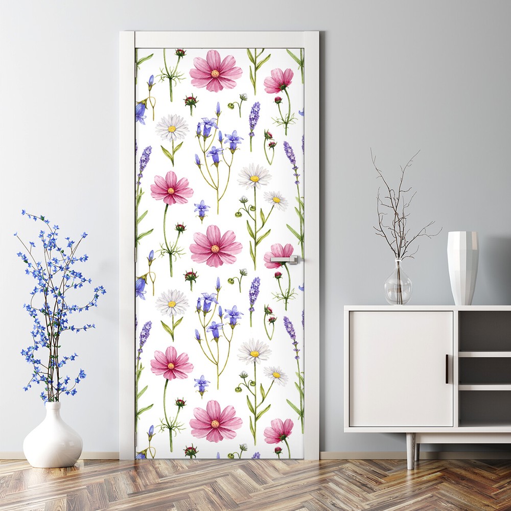 Wildflowers self-adhesive Colourful pink and purple Door Decal wall covering