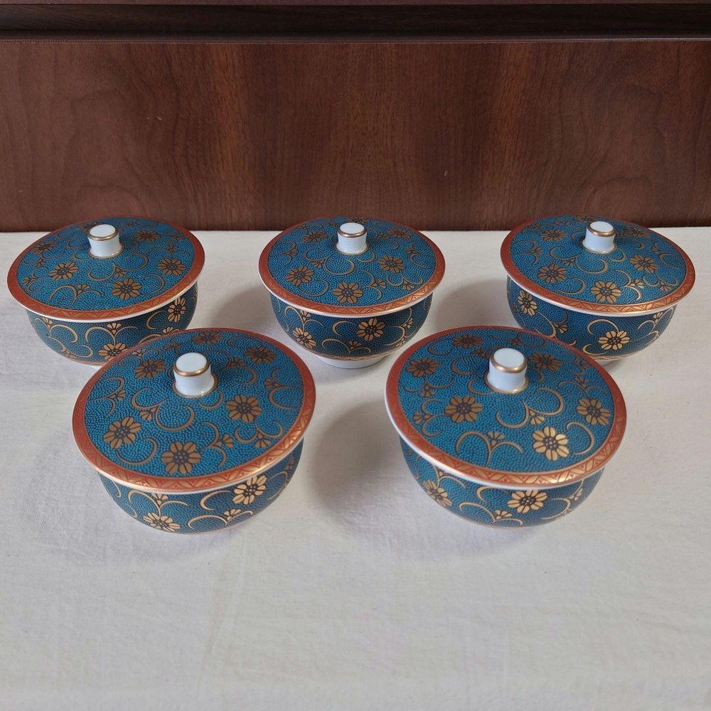 Kutaniyaki 5-Piece Blue & Gold Tea Cups Set with Lid, Excellent Condition