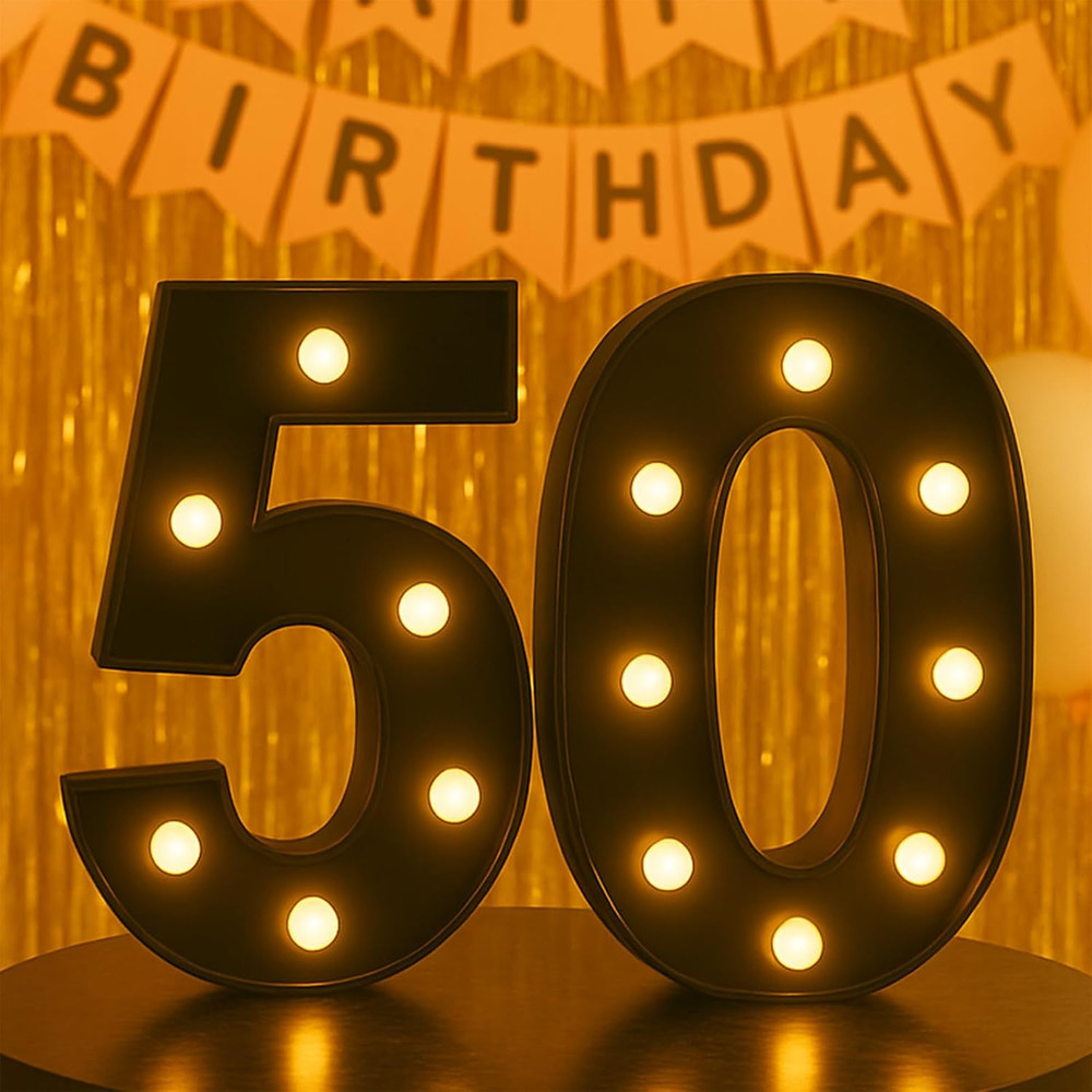 Black 50Th Birthday Decorations for Him Her, LED Light up Numbers 50 Sign Batter