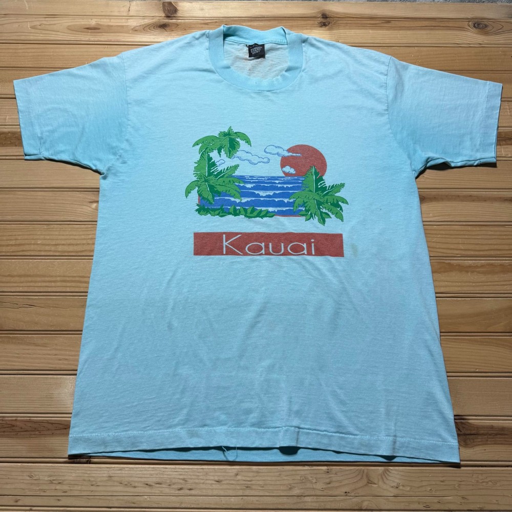 Vintage 80s Kauai Hawaii Islands Tropical Beach Surf Souvenir T-Shirt USA - XL