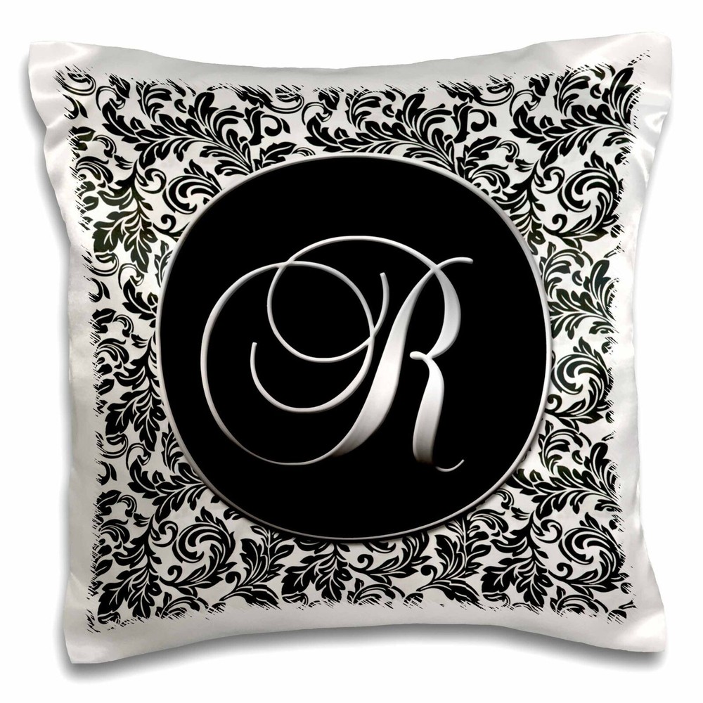 3dRose Black White Damask Letter R Pillow Case 16x16 Inches