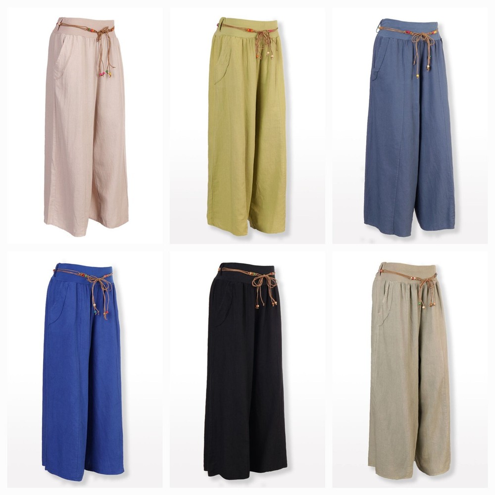 Italian 100% Linen Trousers Elasticated Waist Palazzo Culottes Wide Leg Trousers