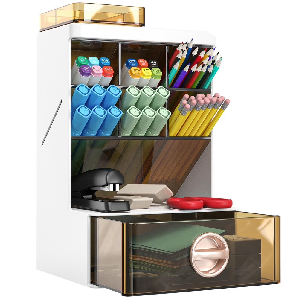 Bsfming Desk Organizer with 1 Drawer Plastic Desktop Pen Holder with 6 Compat...