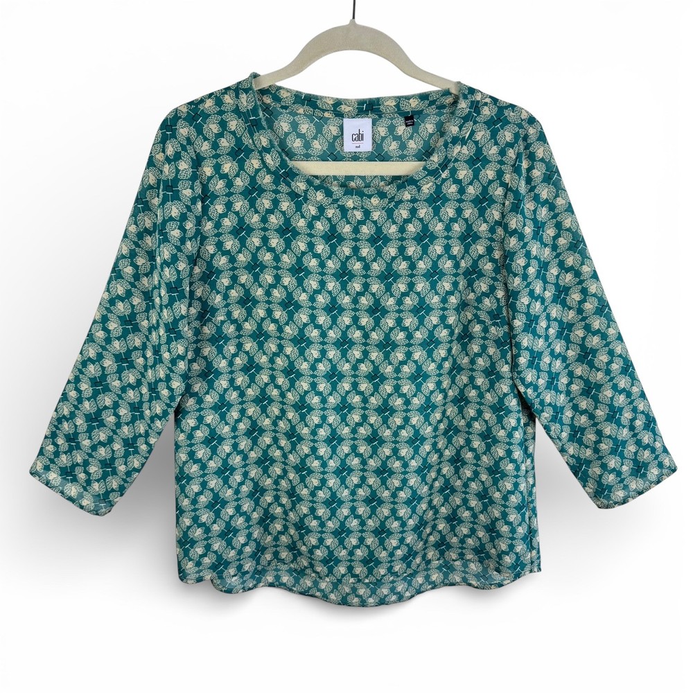 Cabi Womens Geometric Jade Leaf #3069 Print Scoop Neck 3/4 Sleeve Blouse Size M