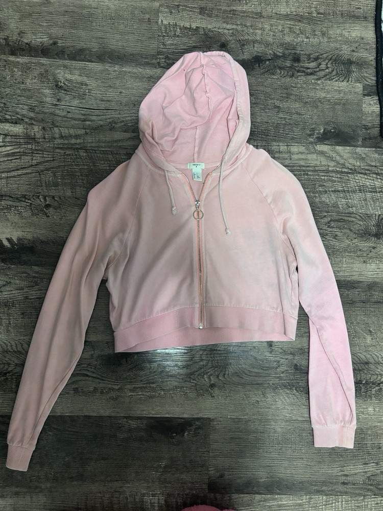 FOREVER21 Pink Full Zip Hoodie Women Hooded Long Sleeve Cotton Blend Jersey