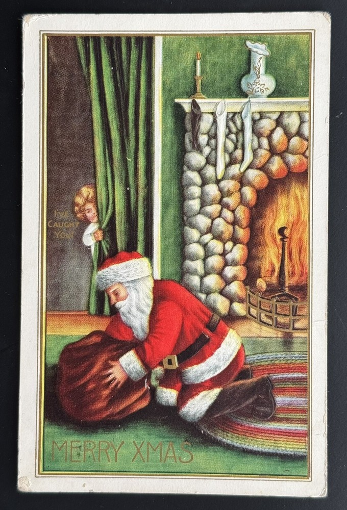Vintage Christmas Santa Claus Sack Of Toys Fireplace Embossed Antique Postcard