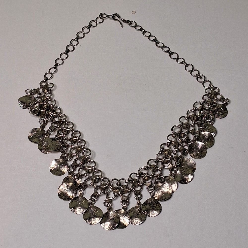 Vintage Silver Tone Coin Bib Necklace Boho Tribal Statement Fringe Festival Disc