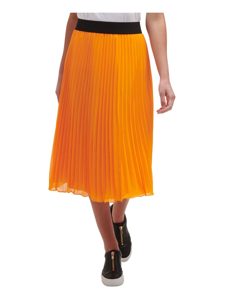 DKNY Womens Orange Stretch Midi Pleated Skirt Size XXS