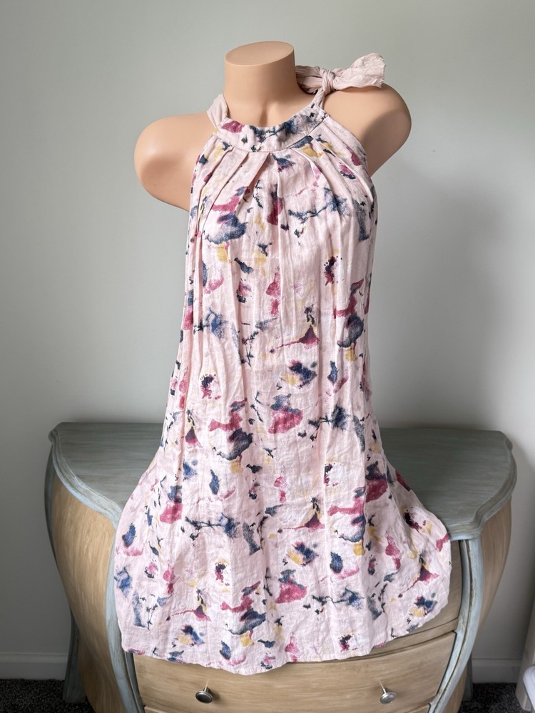 Bellambra Pink Abstract Art Linen Halter Dress Pleated Size XS 2-image