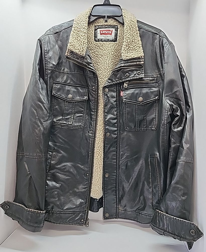 Levis Jacket Mens XL Brown Faux Leather Full Zip Bomber Flight Sherpa Lined