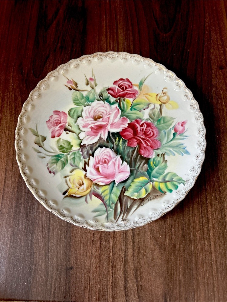 Vintage Gold Trim Floral Wall Plate Pink Roses
