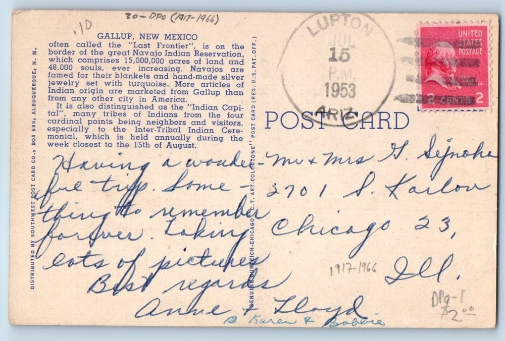 DPO (1917-1966) Lupton AZ Postcard Greetings From The Indian Capital Callup NM