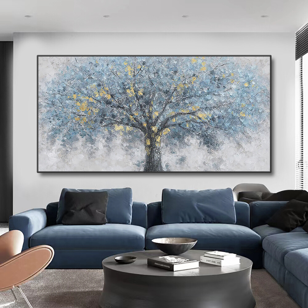 Hand Painted Abstract Landscape Oil Painting On Canvas Modern Grey Blue Tree
