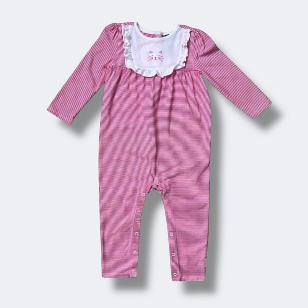 Janie and Jack Girls Romper 18-24M Pink White Stripe Embroidered Cat Long Sleeve