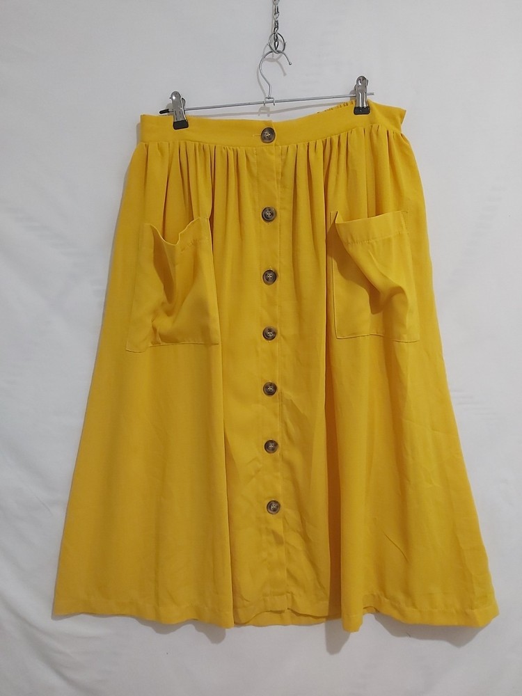 New Look Size 16 Yellow Polyester Midi Skirt with Elastic Waist and Button Front