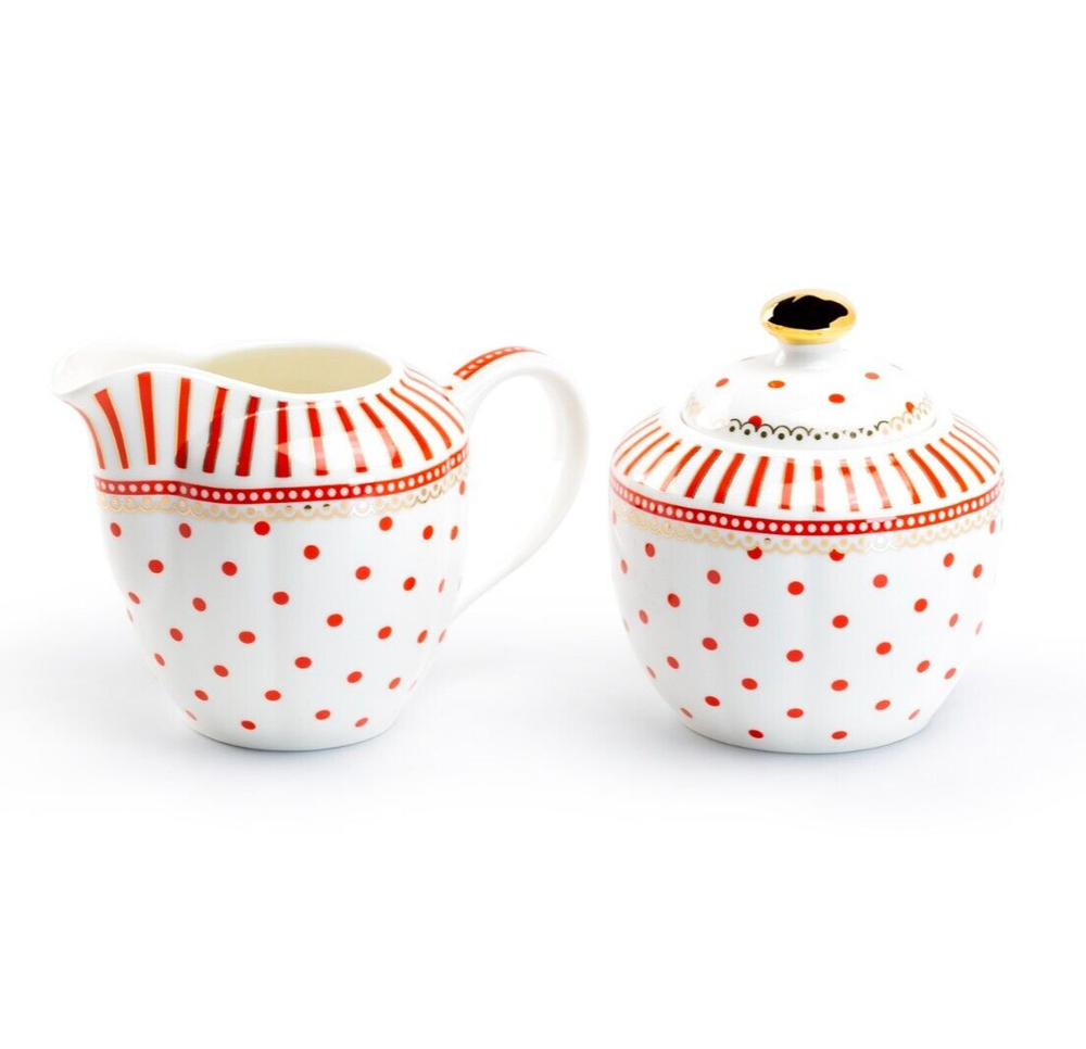 Grace Teaware Red Josephine Stripes and Dots Fine Porcelain Sugar & Creamer Set