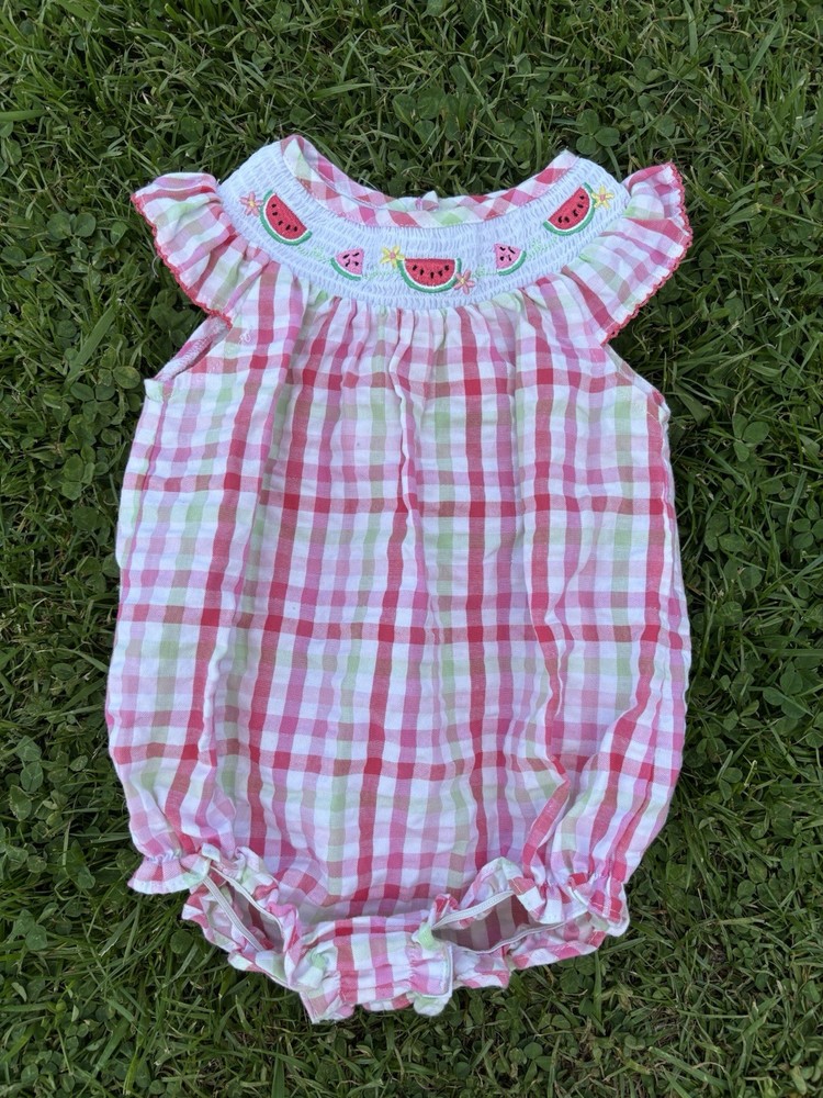 Goodlad Watermelon Smocked Bubble 12 Month Fruit Print Gingham Pink Baby