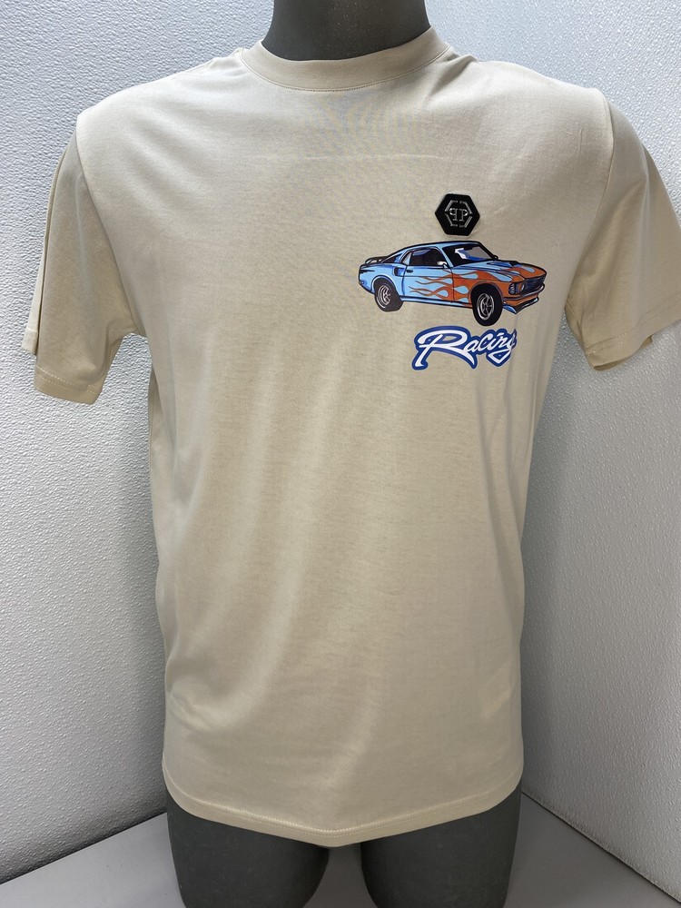 Philipp Plein Mens T-Shirt Beige Size L Cars Racing Jersey Round Neck Cotton