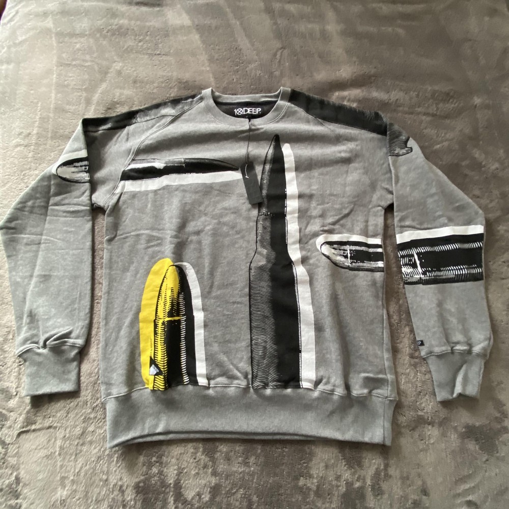 10.Deep Sweatshirt Mens 2XL Gray Fleece Pullover Abstract Graphic Streetwear-image