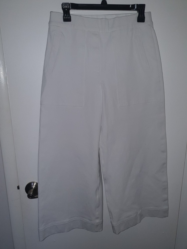 Spanx Pants Womens Medium White Pull On Stretch Twill Crop Wide Leg Cotton