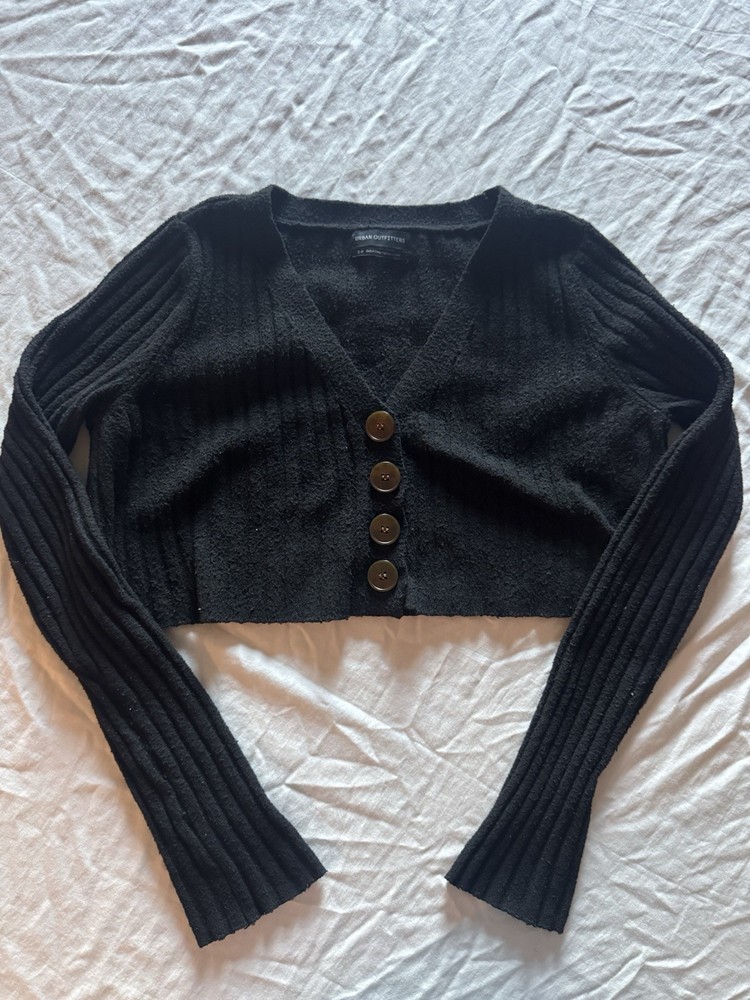 Urban Outfitters Ribbed Long Sleeve Crop Top Black Buttons Front V-neck Size S
