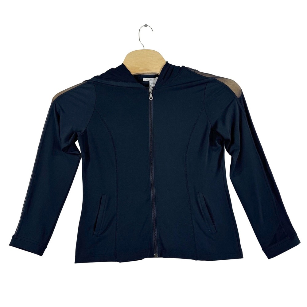 CAbi Womens M Black Hooded Zip Up Jacket Mesh Sleeve Sporty Workout Gym Athletic