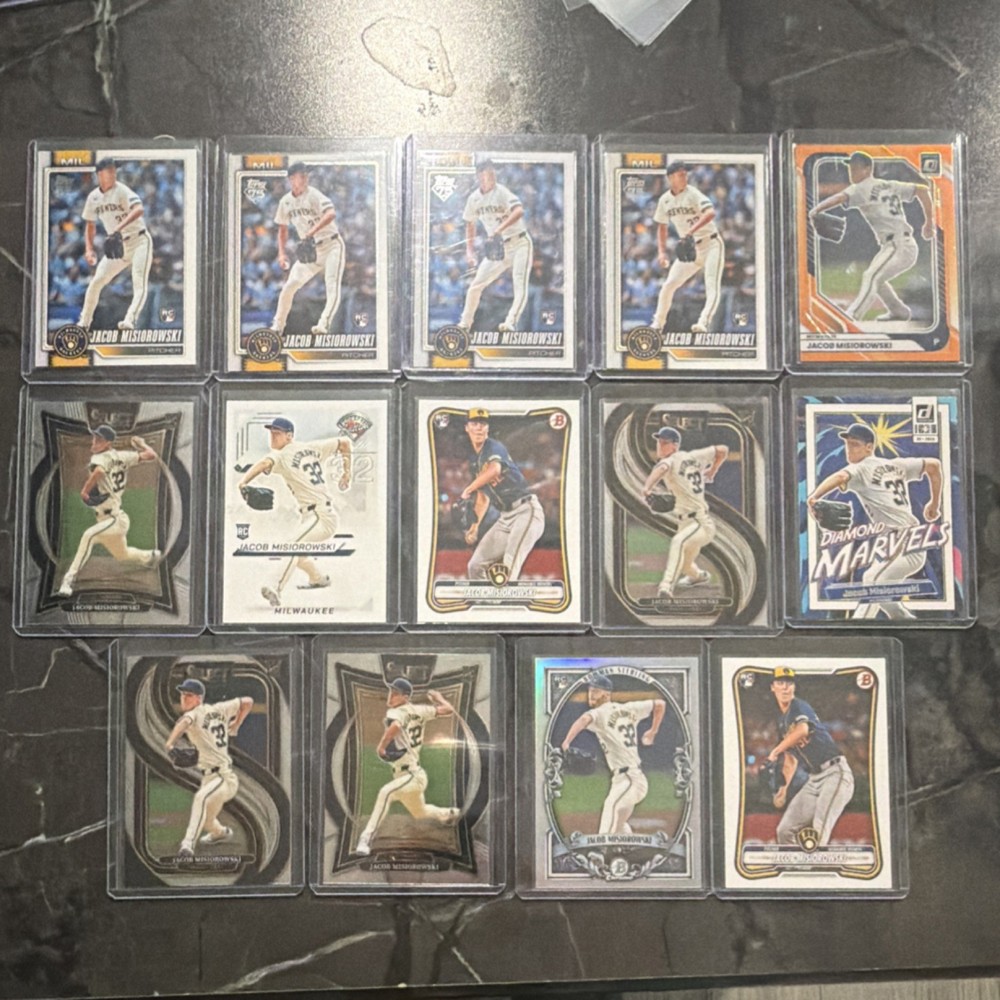 Topps 2024 Jacob Misiorowski Brewers Rookie 14-Card Lot Bowman Optic Donruss