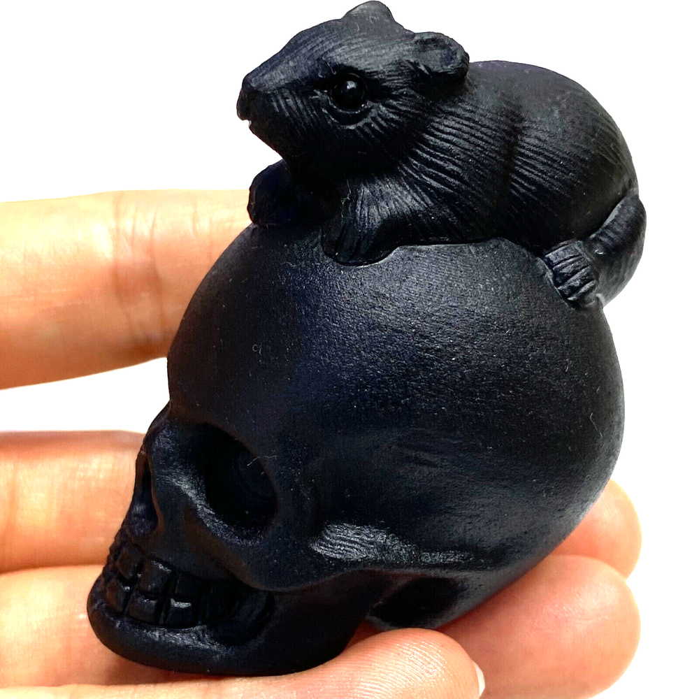 Hand-Carved Natural Obsidian Quartz Mouse Skull Crystal for Reiki Healing 1PC